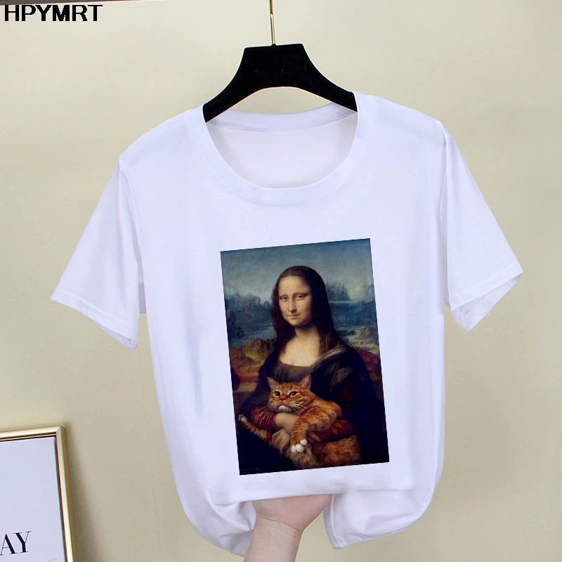 2020 New summer spoof Mona Lisa Print T Shirts Women aesthetics funny Tshirts Casual Short Sleeves Tops t-shirt Female Clothing