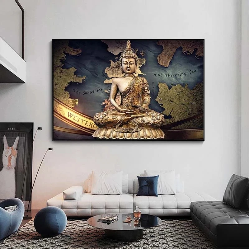 Golden Buddha Canvas Painting Religious Art Buddhism Poster Interior Home Decoration Mural(No Frame)