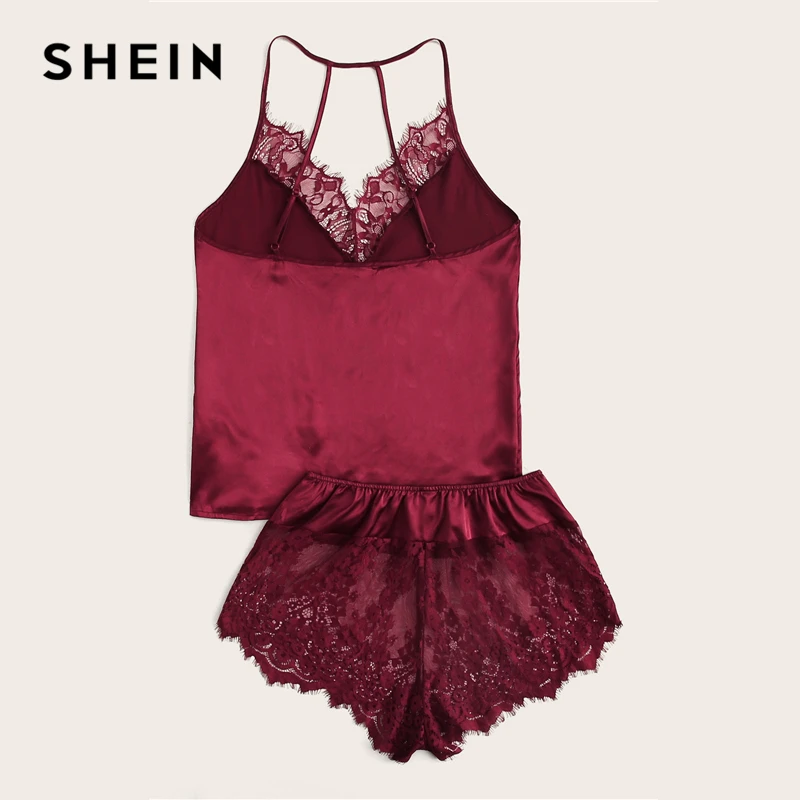 SHEIN Атласный Топ На Бретелях С Кружевом И Шорты Пижама Комплект Женский Розовый