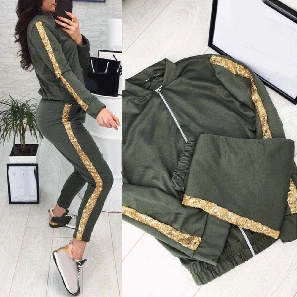 2Pcs Women Jogging Suit Sequins Patchwork Tracksuits Sweatshirt Coat Pants Set Nylon Polyester Spandex Sequins Zip Up Tracksuit