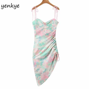 

Tie-dye Print Sling Sexy Dress Romantic Women Backless Sleeveless Side Drawstring Asymmetric Dress Satin Chiffon Summer Dress
