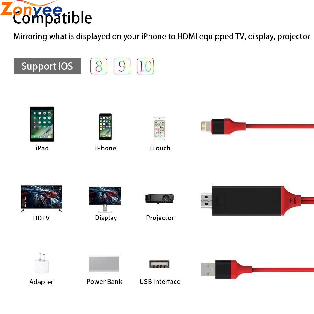 1080P цифровой AV HDMI адаптер Соединительный шнур для iPhone совместим с iPhone Lightning к HDMI Кабель-адаптер Plug and Play