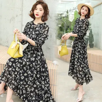 

Ropa De Mujer 2020 Summer Floral Midi Dress Sexy O Neck A-Line Casual Butterfly Sleeve Printed Boho Chiffon Dress Women