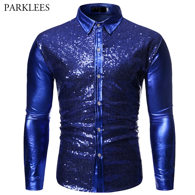 Embellished Glitter Sequins Shirt Men New Black Mens Metallic Disco Club Shirts Halloween Costume Chemise Homme Stage Shirt - Цвет: Royal blue