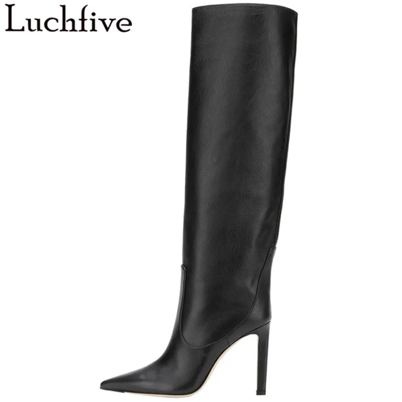 Лидер продаж; зимние женские сапоги с текстурой; пикантные сапоги до колена на высоком каблуке; женские высокие сапоги с острым носком цвета хаки; обувь для бега; Botas Mujer - Цвет: black smooth
