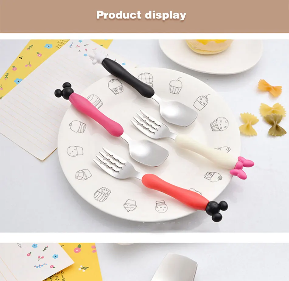 Детский столовый набор посуды из нержавеющей стали с милым рисунком Микки и Минни вилка, ложка, посуда, набор с мягкой силиконовой ручкой столовые приборы для детей