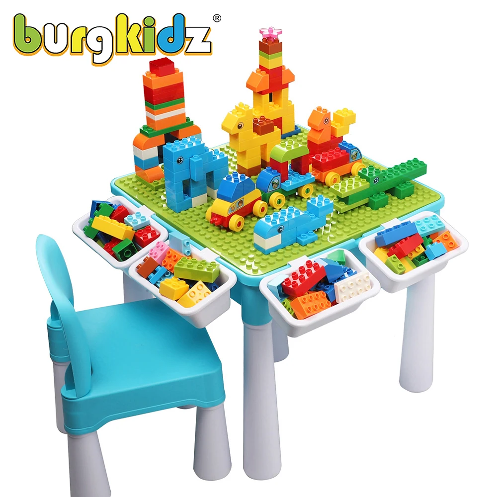 Kids Montessori Activity Table With 128 PCS Big Building Blocks STEM Toy Educational Toddler Table Building Block Toys For Kids