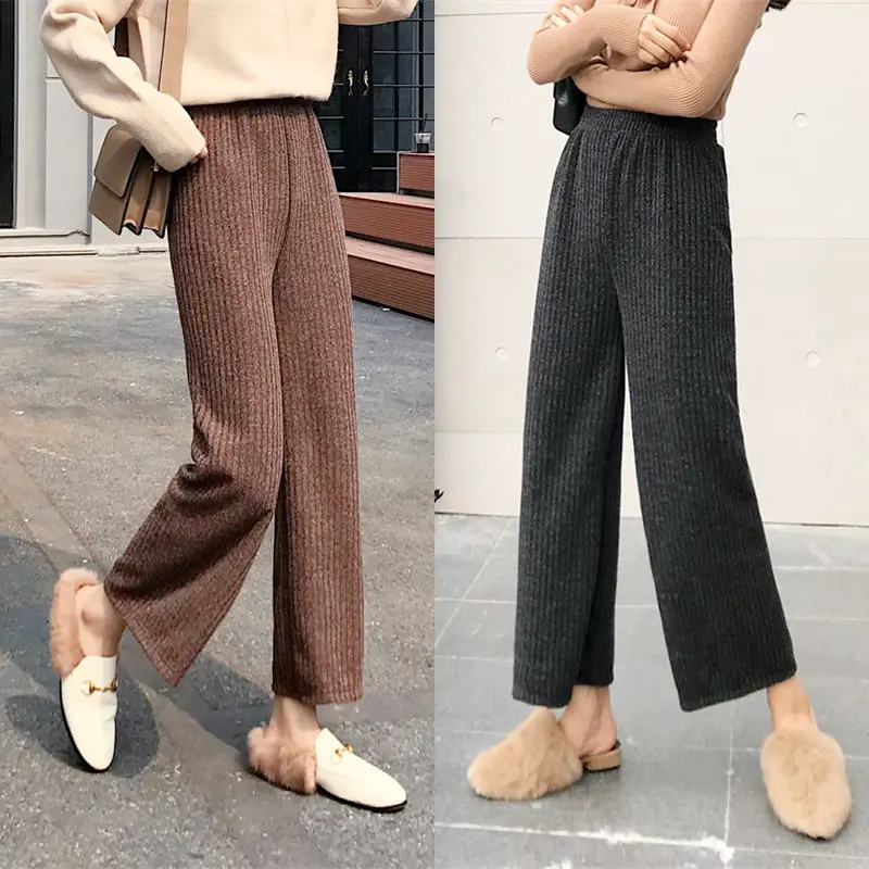 

Autumn Winter Kint Wide Leg Pants Women Loose Black High Waist Office Pants Women Pentalon Femme Straight Trousers Women C5891