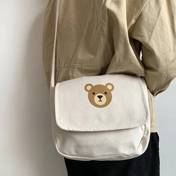 

2019 Summer New Hot Fashion Casual Cartoon Bear Canvas Handbags for Women Female Cover Hasp Soft Simple Shoulder Bags