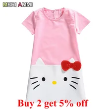 Новая детская хлопковая одежда для девочек, рождественское платье с короткими рукавами и рисунком котенка, длинные футболки для детей 2-9 лет, J553, J568