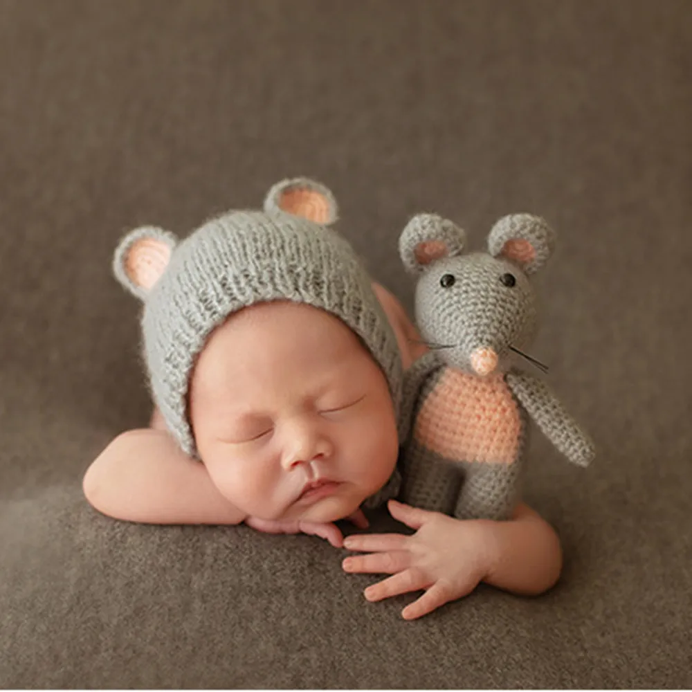 Ylsteed 2Pcs Set Newborn Photo Props Crochet Infant Shooting Outfits Cute Baby Hat Mouse Doll Boy Taking Picture | Детская одежда и