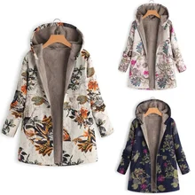 2021Europe and America autumn and winter new women's clothing retro cotton and linen hooded warm plush cotton coa
