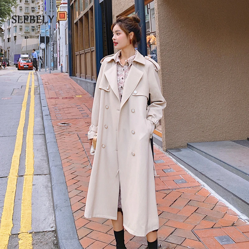 

SLPBELY Women Trench Coat Windbreaker White Double Breasted Korean Classic Pearl Buckle Bow Long Trench Coat With Belt Overcoat