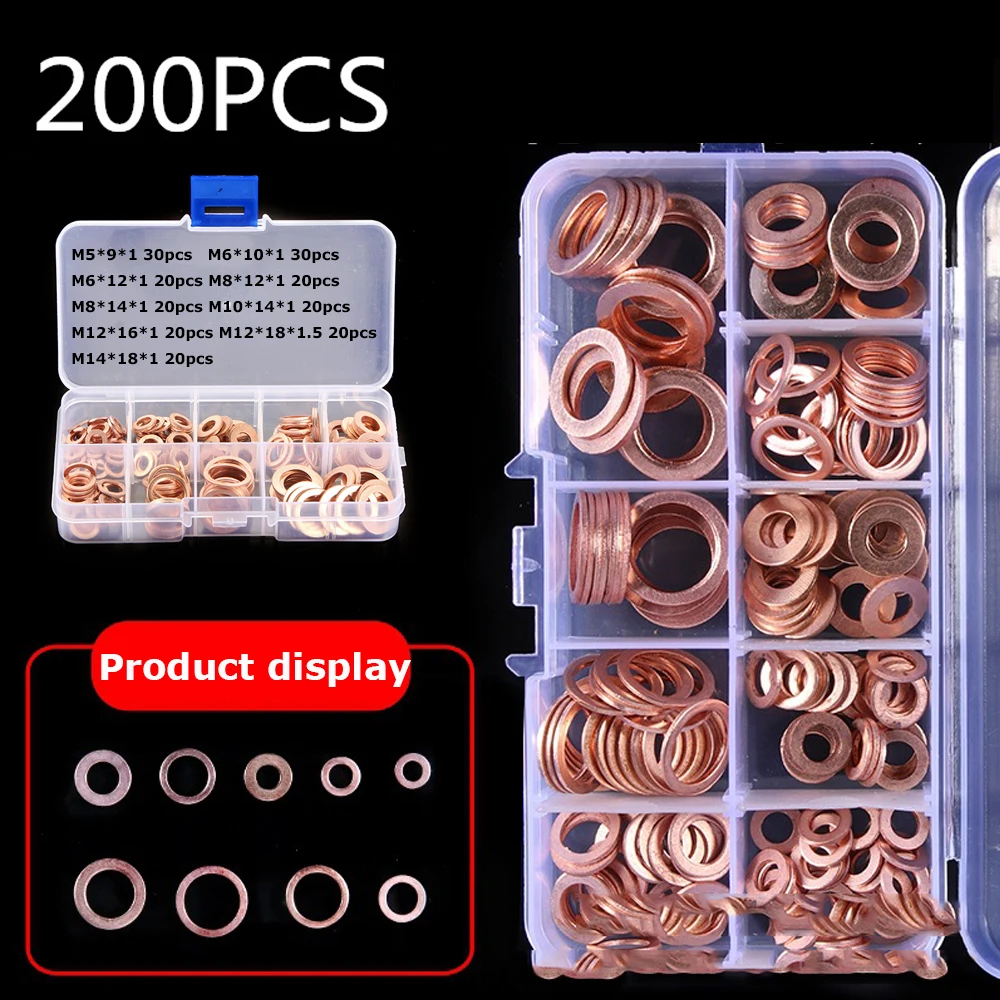 200/150Pcs Copper Sealing Washers Solid Gasket Flat Kit Set for Maintenance Requirement 200pcs Copper Sealing Washer 