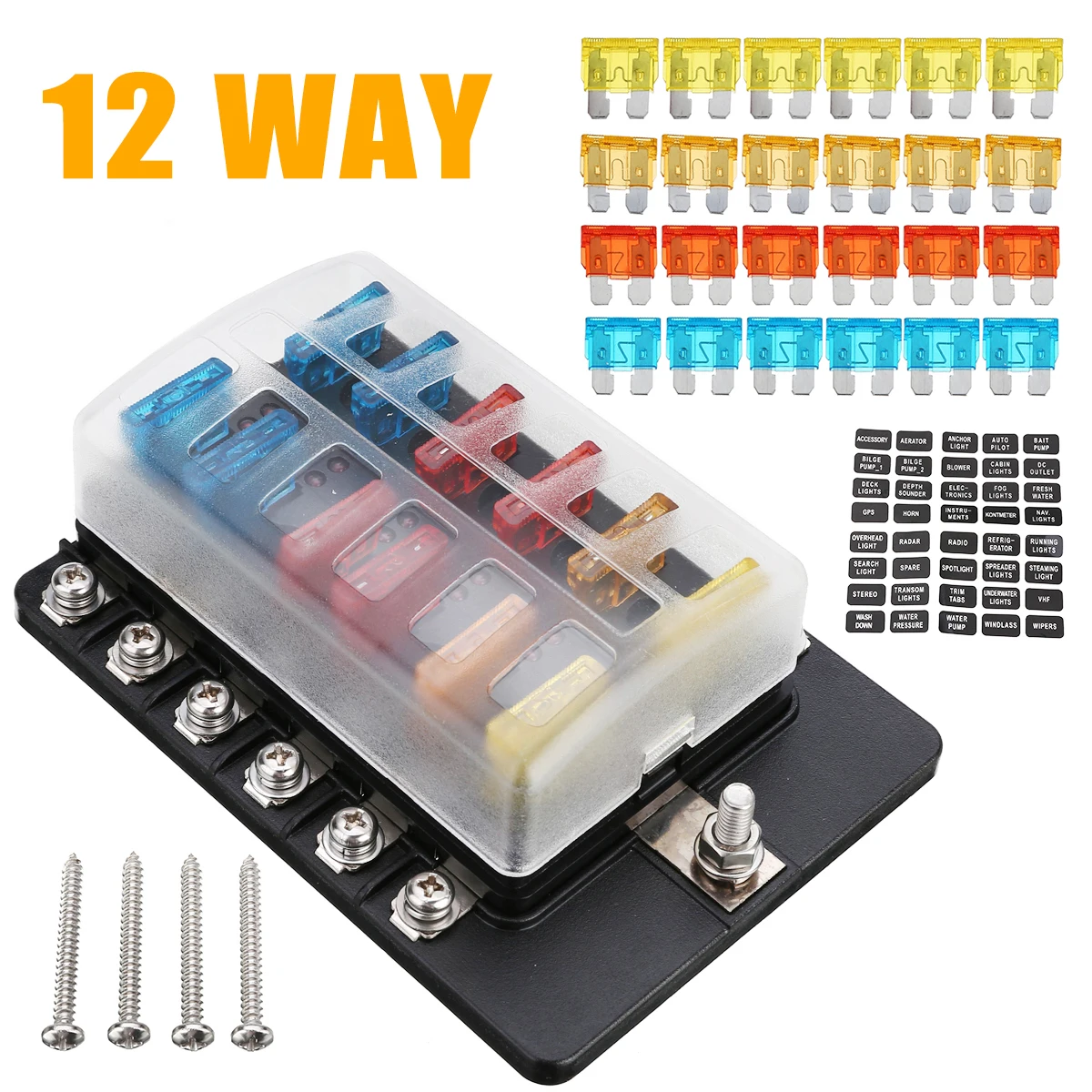 

2019 New 12 Way Car Boat Bus UTV Blade Fuse Box Block Cover 12V With LED Indicators Screws Parts Standard Blade Fuse