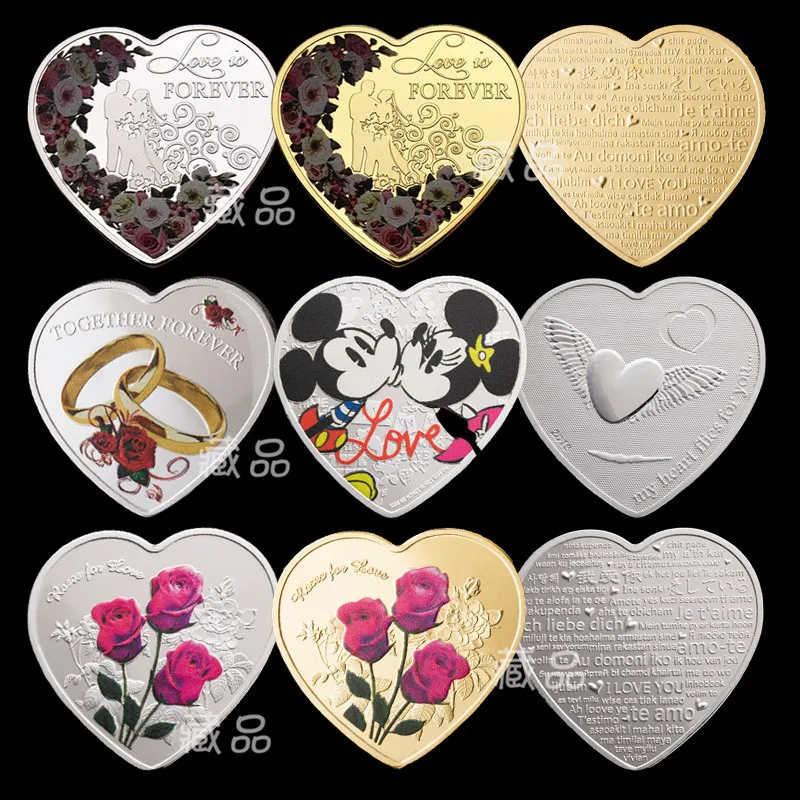 

6 Pieces Niue Heart Shape Love Gold Plated Commemorative Coins Cartoon Valentine's Day Rose Ring Wedding Gold And Silver Coins