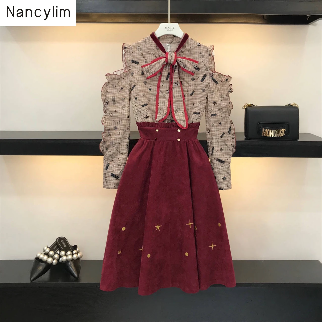 

Autumn Skirts Set Women Dress Suit New Retro Bow Floral Chiffon Shirt + Stars Embroidered Umbrella Skirt Two-piece Girl Lady Set