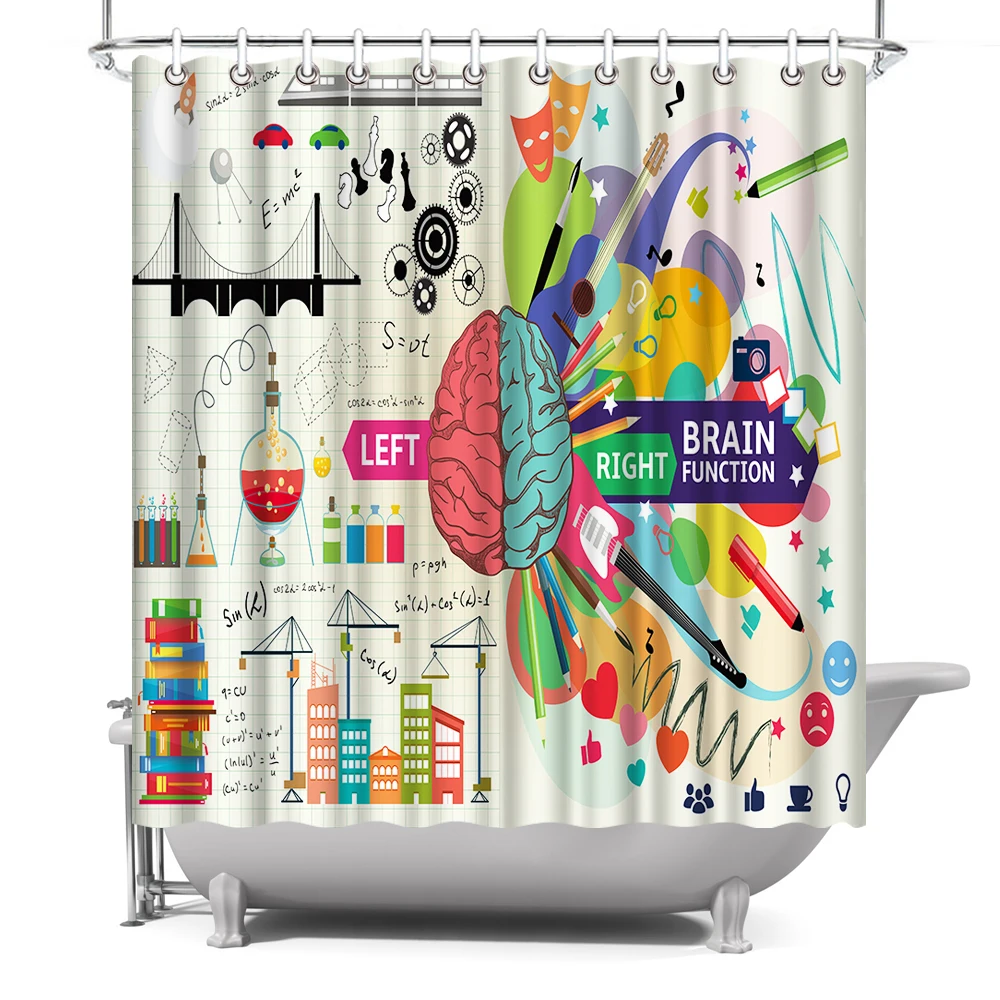 

Left Right Colorful Brain Shower Curtain Waterproof Fabric Abstract Educational Bath Curtain with Hooks 72x72inch