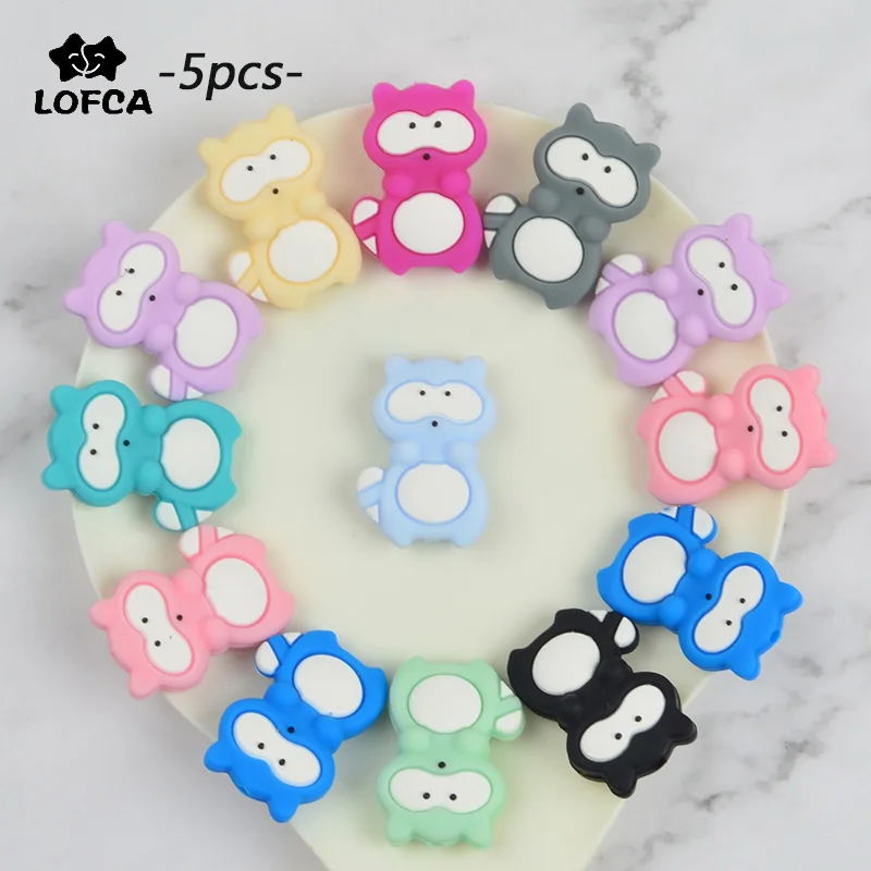 

LOFCA 5pcs Silicone Mini Raccoon Beads Pacifier Clip Accessories Baby Teether BPA Free DIY Loose Beads Teething Nursing Necklace