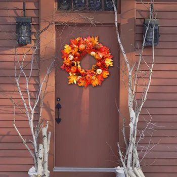 

60CM Autumn Holiday Artificial Pumpkin Maple Leaves Wreath Thanksgiving Day Halloween Front Door Wall Hanging Garland New