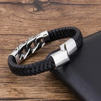 Charm Genuine Leather  Black Stainless Steel Magnetic hk Bracelet Men  Birthday Gift For  boy friend