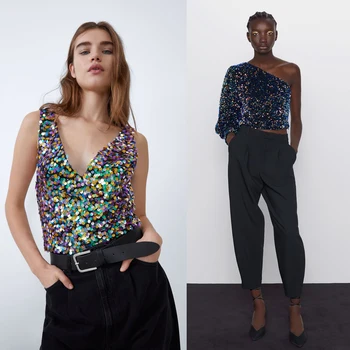 

ZA Fashion Sequin Vest Tops Women Clothes 2019 New Sleeveless Sexy V Neck Color Sequins Tank Tops Party Vests Streetwear Clothes