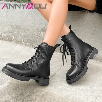 

ANNYMOLI Real Leather Flat Platform Motorcycle Boots Women Short Boots Shoes Round Toe Lace Up Female Ankle Boots Autumn Winter