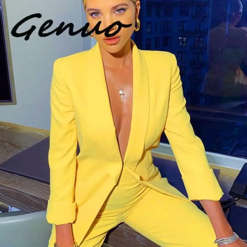 Genuo, новинка, офисный Блейзер, набор, желтый однотонный Блейзер, Женский Осенний брючный костюм, длинный рукав, однотонный, тонкий, элегантный костюм