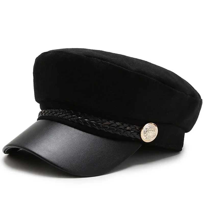 Осенне-зимние шерстяные шапки в стиле милитари с цепочкой для женщин, женская армейская Кепка на плоской подошве, черная шапка для девушек, женские дорожные береты, шапка для художников - Цвет: like picture