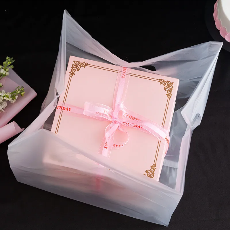 50pcs Frosted Transparent Portable Stand Plastic Baking 4/6/8/10 Inch Cake Pizza Bread Dessert Food Packaging Takeaway Bags