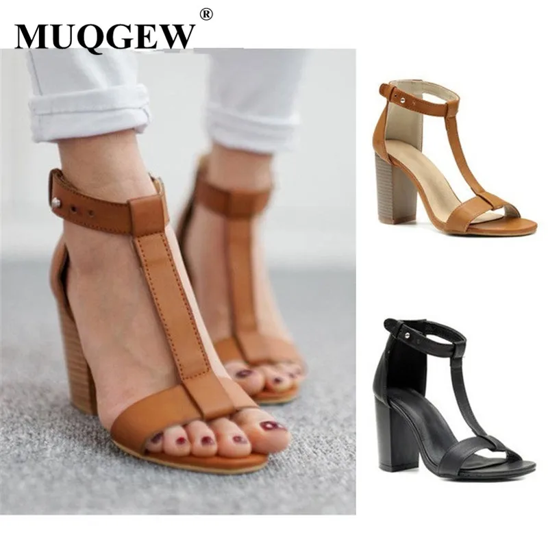 

Fashion Women T-tied Open Toed Sandals Sexy Ankle Wrap Sandals Summer style PU Leather Square Heel Sandals Sandalias Mujer