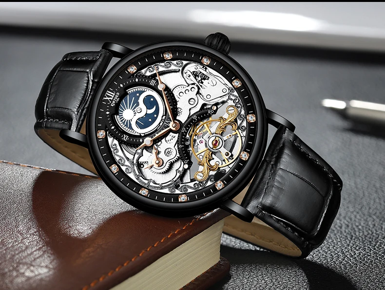 KINYUED, водонепроницаемые мужские Tourbillon часы с скелетом, лучший бренд, роскошные прозрачные механические часы с фазой Луны, спортивные мужские наручные часы