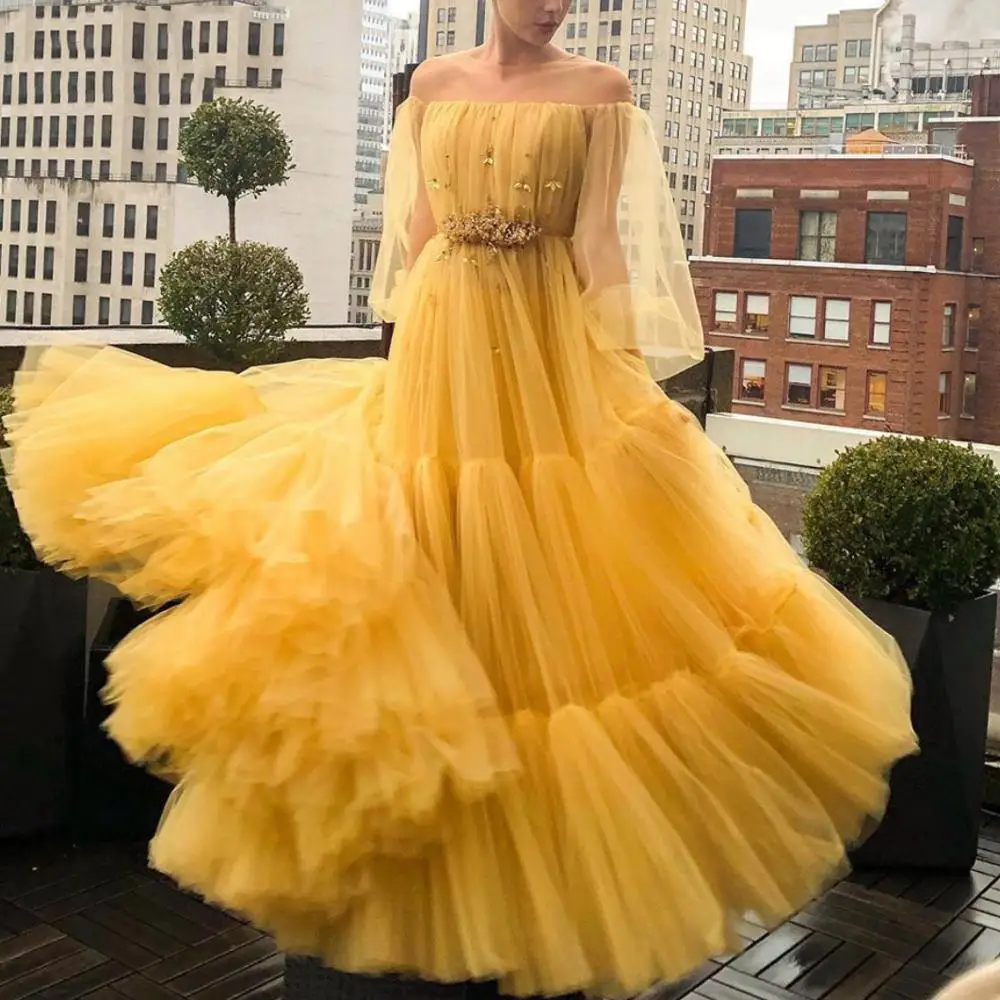 Sevintage Yellow Boat Neck Puffy Long Sleeve Evening Dresses Pleats Tulle Prom Gowns Plus Size Floor Length Woman Abendkleider