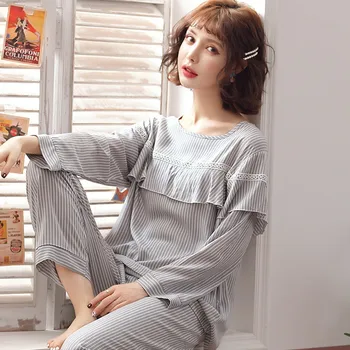 

New Ladies Lotus Leaf Stripe Simple and Fresh Homewear 2 Pcs Suit Summer Loose Long-sleeved Trousers Pajamas Set Sleepwear