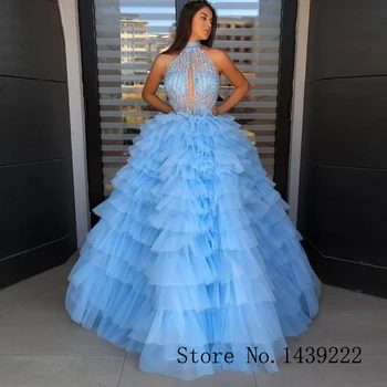 

Light Blue Girl Ruffles Evening Gowns Bling Bead Halter Formal Celebrity Dresses Robe De Soiree Evening Dress