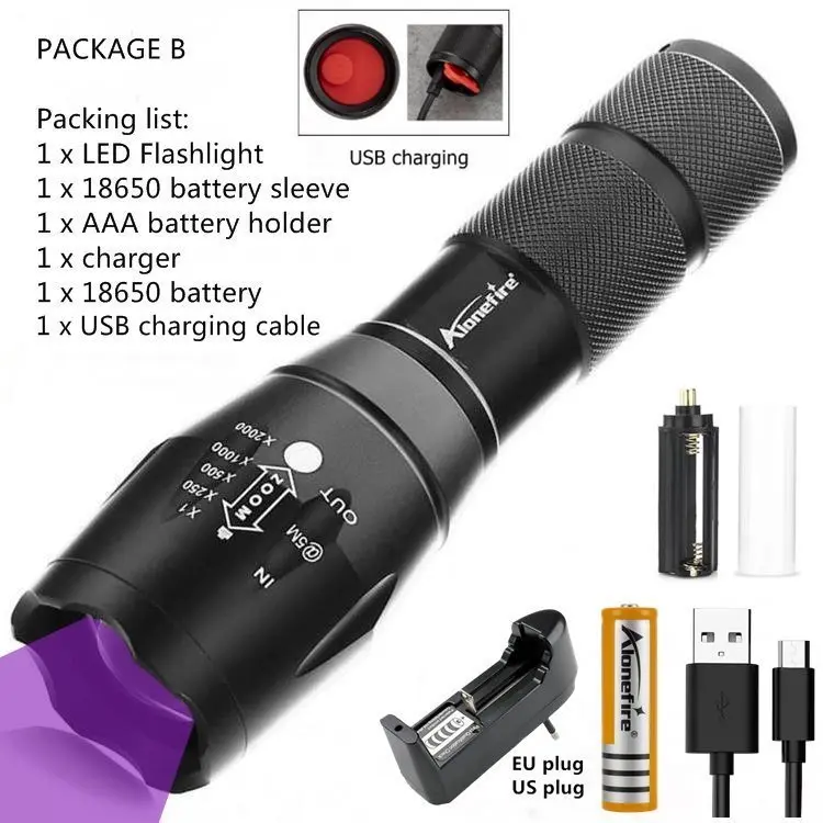 PACKAGE B Alonefire G700-C УФ ультрафиолетовый фонарь зум USB Перезаряжаемый питомец Мочи Детектор пятен Скорпион маркер проверки для домашних животных пятна - Испускаемый цвет: PACKAGE B