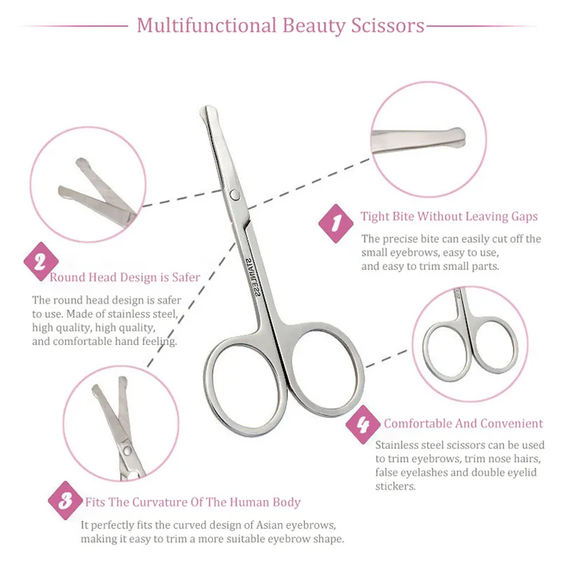 Nose hair scissors eyebrow scissors stainless steel scissors facial hair scissors hair scissors beauty scissors Stainless steel portable round head curved mustache nose ear hair remover Scissor trimmer Safety eyebrow beauty scissors 1pc
