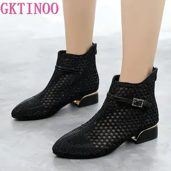 

GKTINOO Fashion Rhinestones Gauze Sandals Summer New Mesh Boots Genuine Leather Women's Shoes Hollow Boots Large Size 40-42