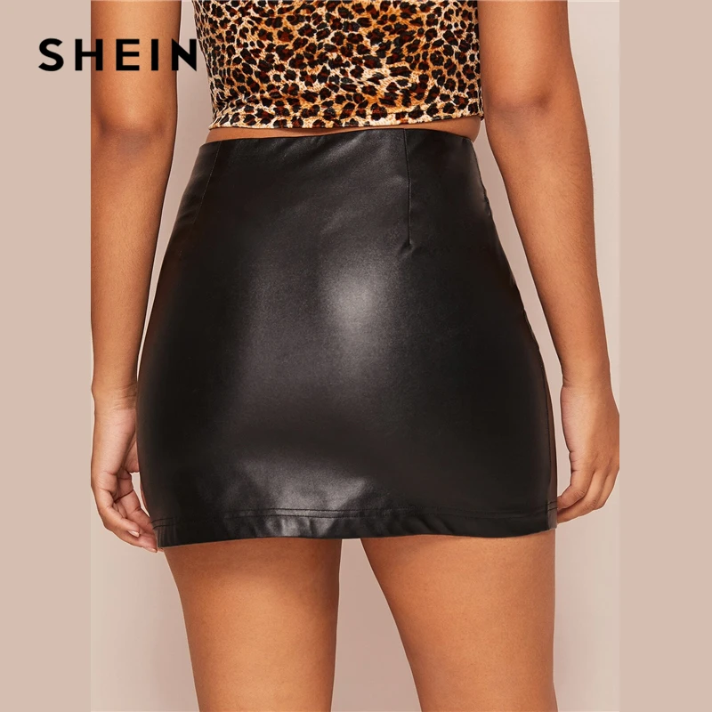 SHEIN черная однотонная пикантная облегающая юбка из искусственной кожи на молнии спереди, Женская юбка, Осенние Гламурные женские облегающие кожаные мини-юбки