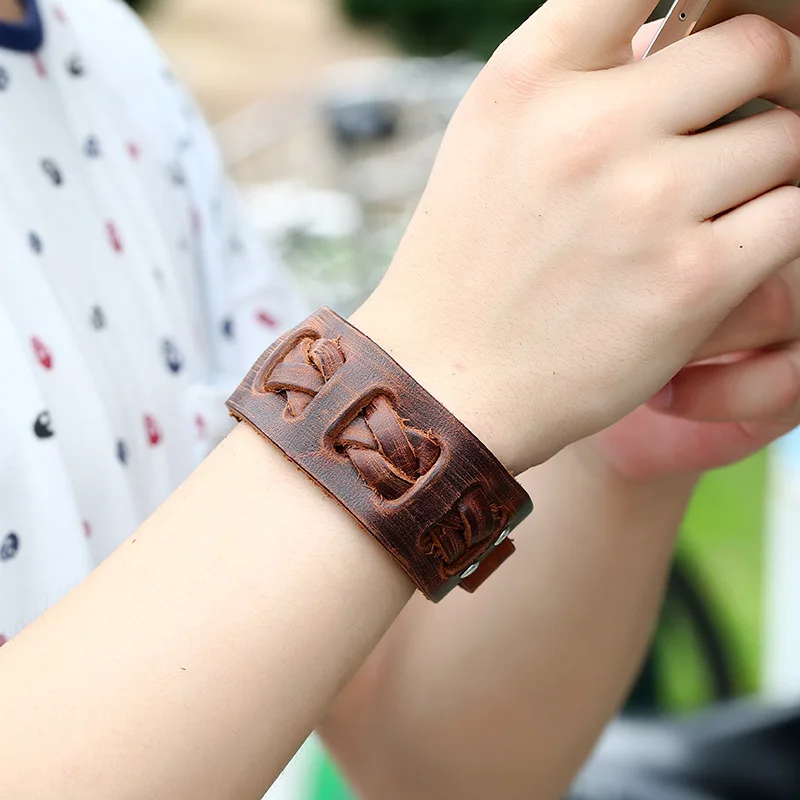 

Retro Genuine Leather Men's Bracelets Vintage Braided Handmade Wrap Bracelets&Bangles Women Wide Hand Strap