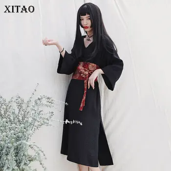 

XITAO Split Black Dress Fashion New 2020 Spring Elegant Goddess Fan Pullover High Waist Casual Style Loose Dress DMY3981