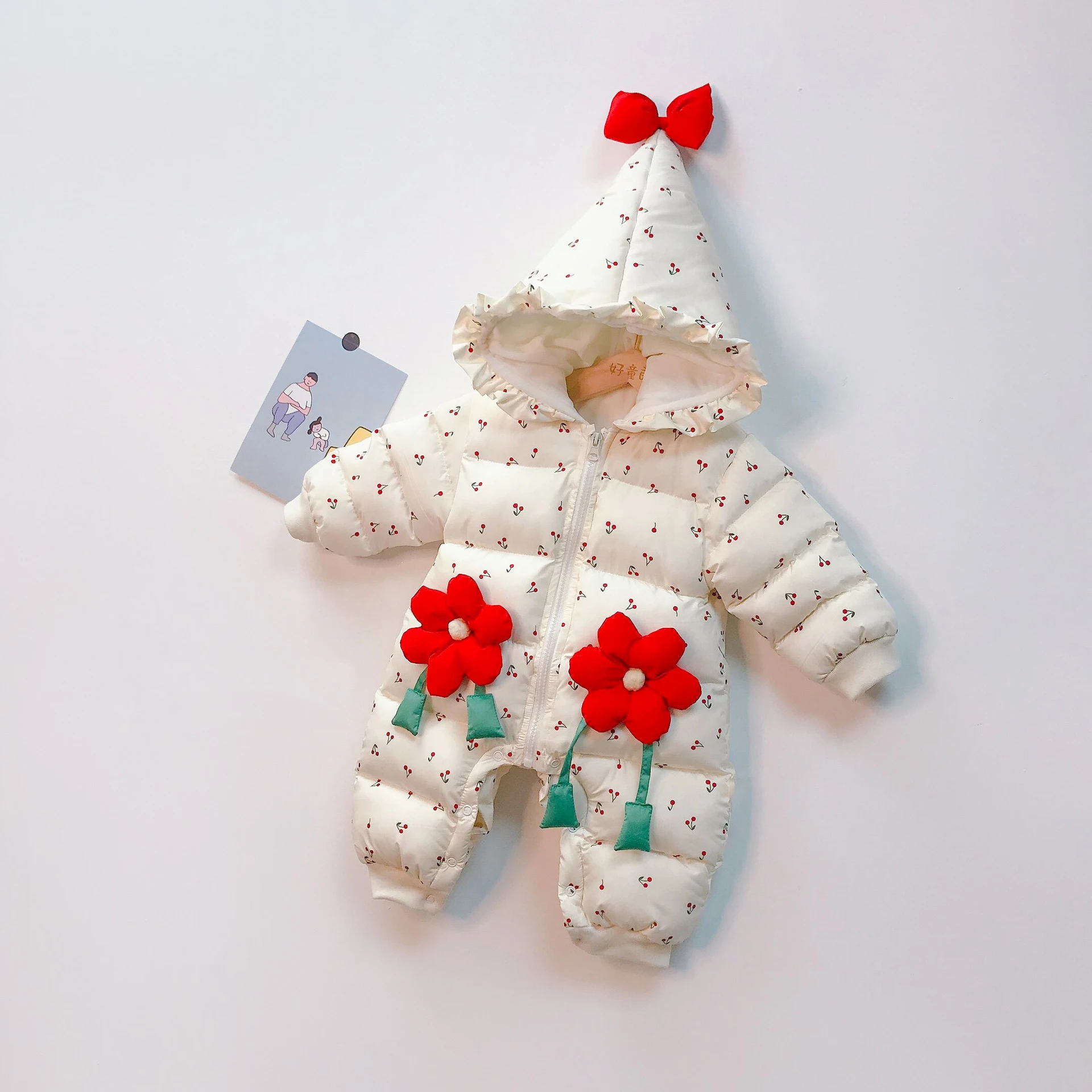 Thick Warm Baby Girls Romper Outerwear Lovely Floral Princess Parkas Wool Liner Infant Baby Snowsuit Jumpsuit - Цвет: Красный