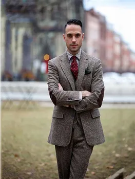 

New Design Winter Vintage Tweed Men Suits With Patch Design Slim Fit Classic Prom Smart Business Men Suits With Pants 3 Pieces
