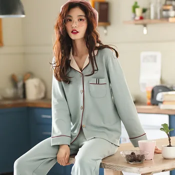 

Korean New Pajamas-sets Autumn Cotton Fashion Simple Nightwear Cardigan Long-sleeves Solid V-neck Casual Home Service Sleepwear
