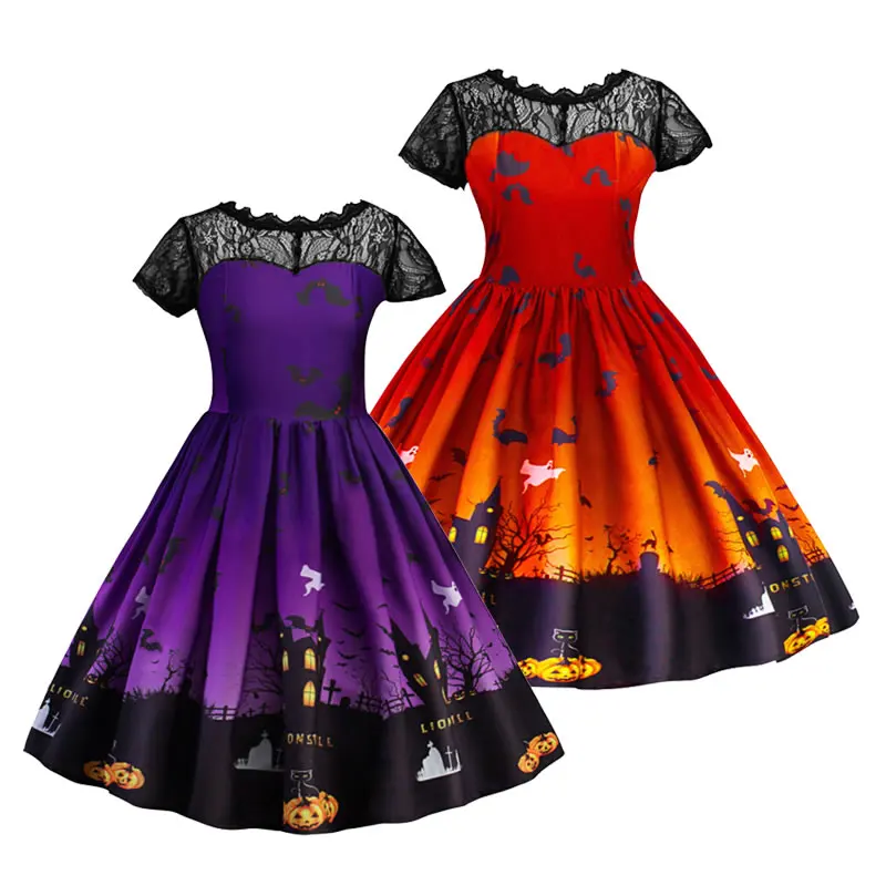 Костюм на Хэллоуин для маленьких девочек, платье с тыквами, детские кружевные вечерние платья принцессы, Детская церемония, элегантная свадебная одежда с принтом, вечернее платье