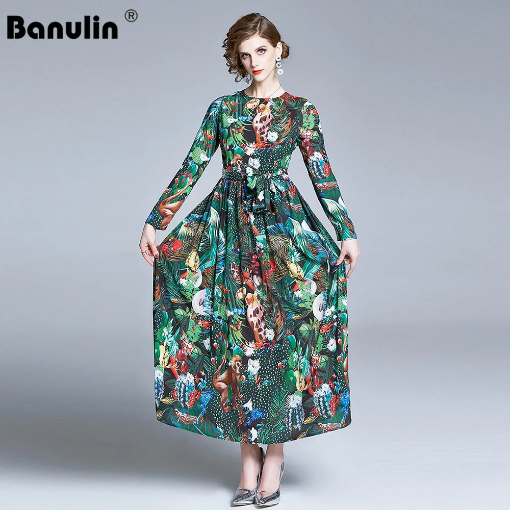

2020 New Spring Summer Runway Cartoon Animal World Maxi Dress Women's Long Sleeve Bohemia Chiffon Holiday Long Dresses