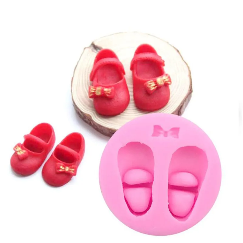 3D Cute Baby Shoes Silicone Mold Bow Knot Cake Gum Paste Chocolate Clay Candy Mold Fondant Cake Decorating Tools Baking Moulds