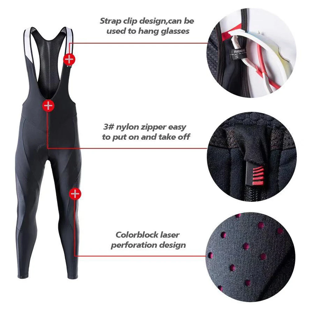 RION Men's Winter Thermal Fleece Cycling Bib Pants Mountain Bike Zipper Cycling Tights Pro Team Gel Padded MTB Bike Long Pants cycling pants