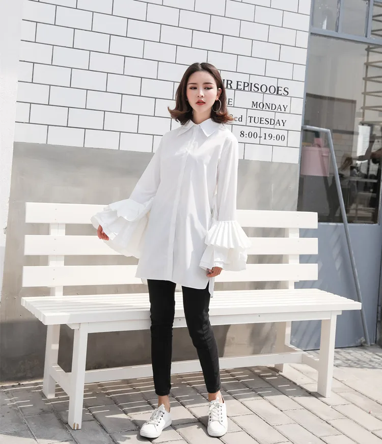 SuperAen Европейская модная женская рубашка Новая Осенняя женская блузка с расклешенными рукавами и топы Женская одежда из хлопка с длинным рукавом