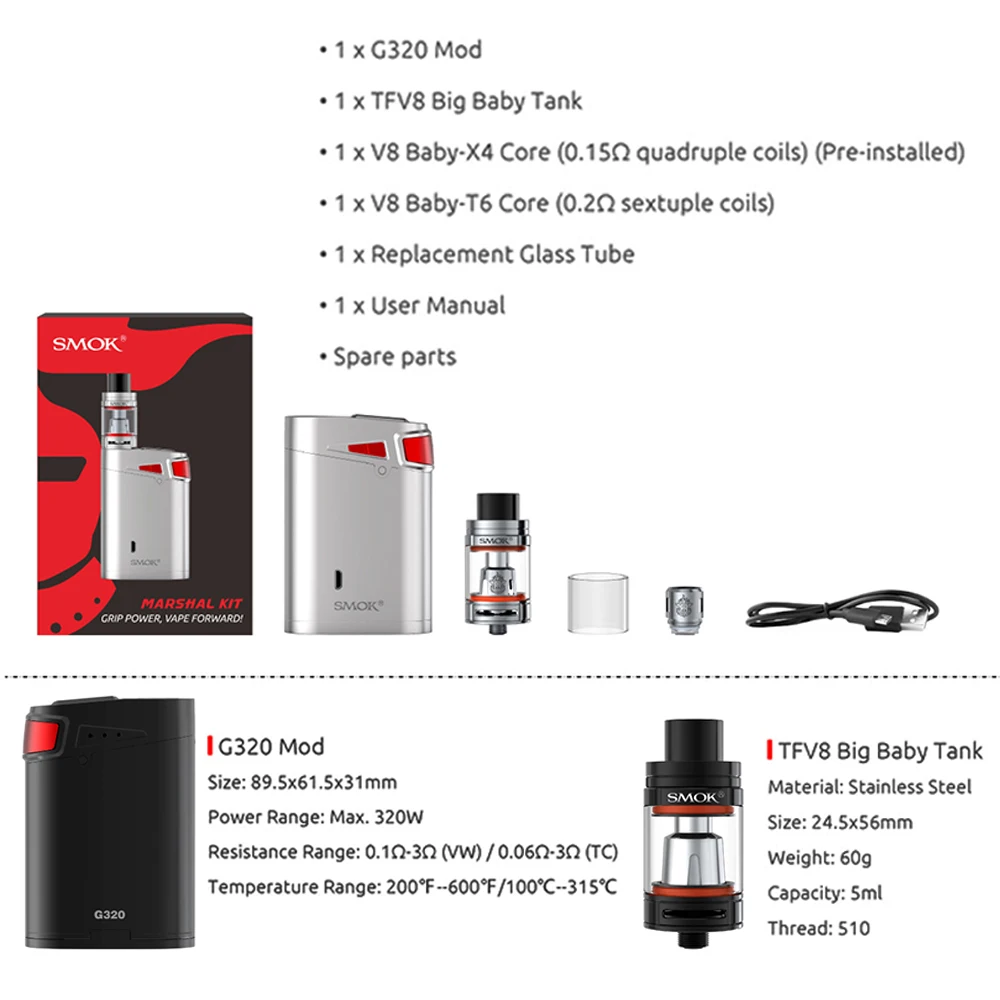 Оригинальный набор SMOK Marshal G320 электронная сигарета 320 Вт вейп мод с TFV8 большой